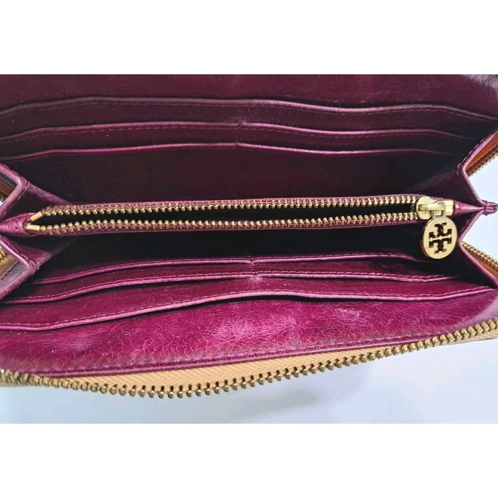 TORY BURCH Leather Robinson Continental Zip Around Wallet Tan Yellow Beige
